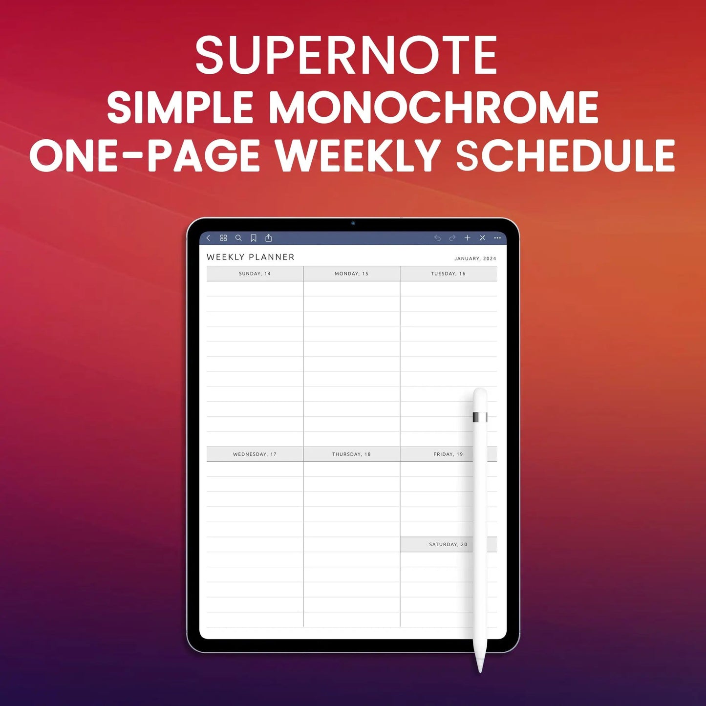Supernote Simple Monochrome One-Page Weekly Schedule Planner Template CreativeRino