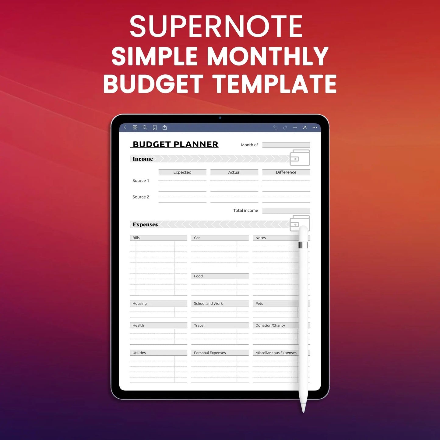 Supernote Simple Monthly Budget Template Planner Template CreativeRino