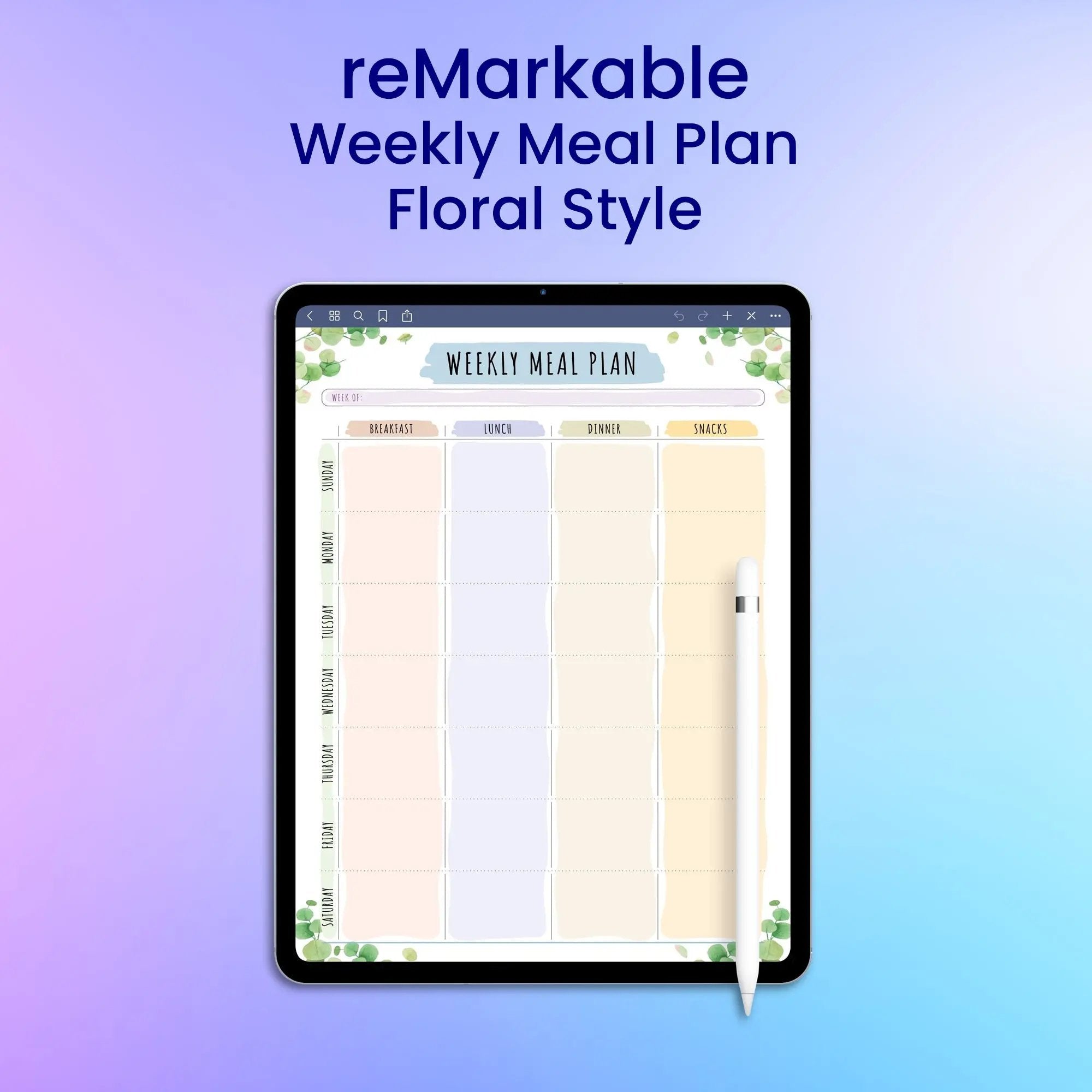 reMarkable 2 Weekly Meal Plan - Floral Style Planner Template ...