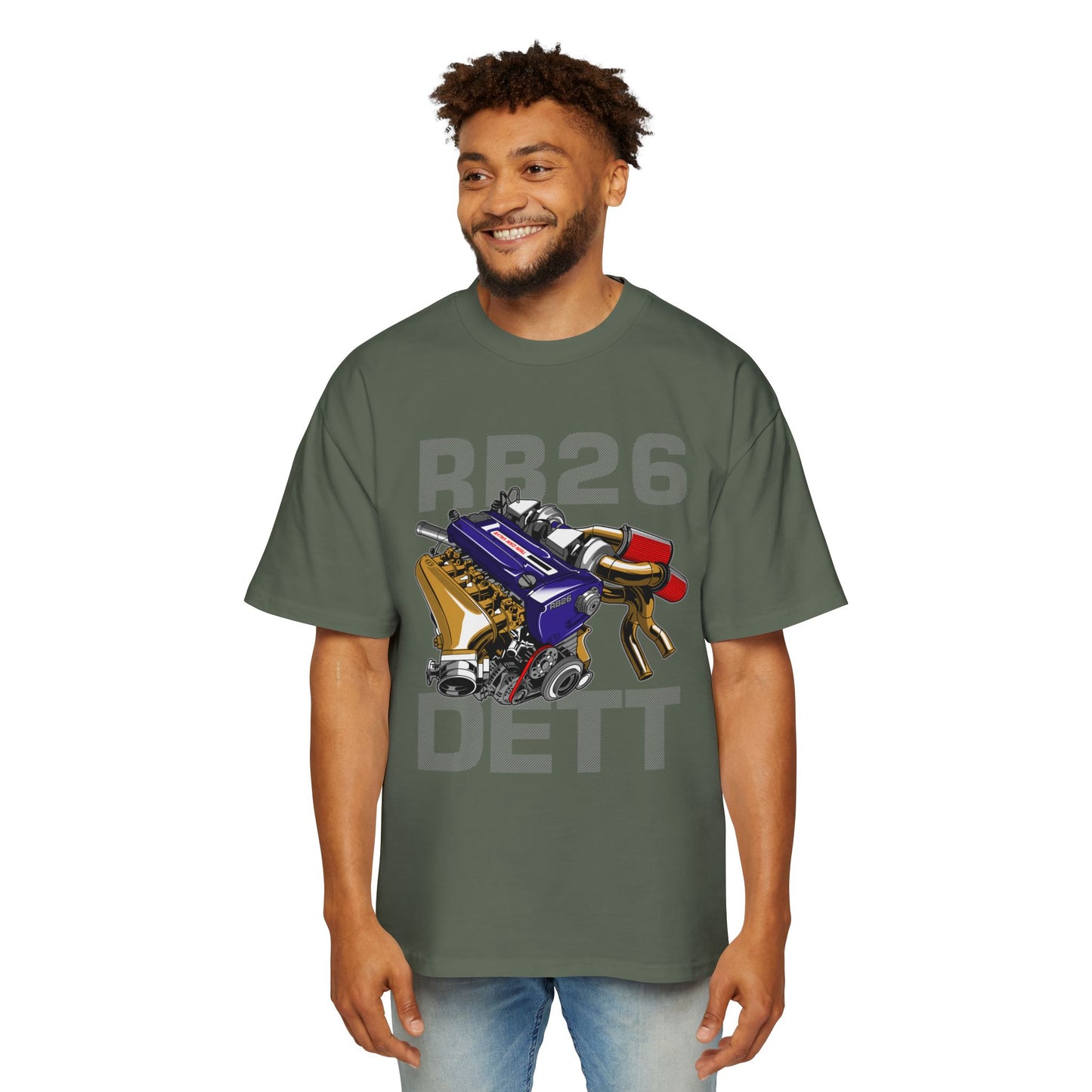 Men's Heavy Oversized Tee - RB26 DETT Engine Graphic T-Shirt for Car Enthusiasts - CreativeRino