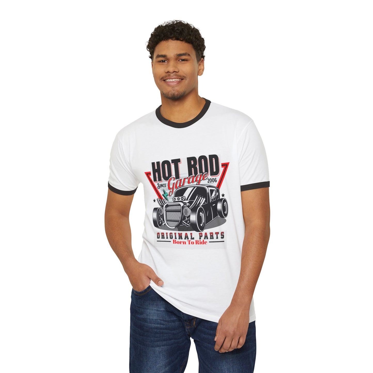Hot Rod Garage Unisex Cotton Ringer T-Shirt - Born To Ride Vintage Tee - CreativeRino