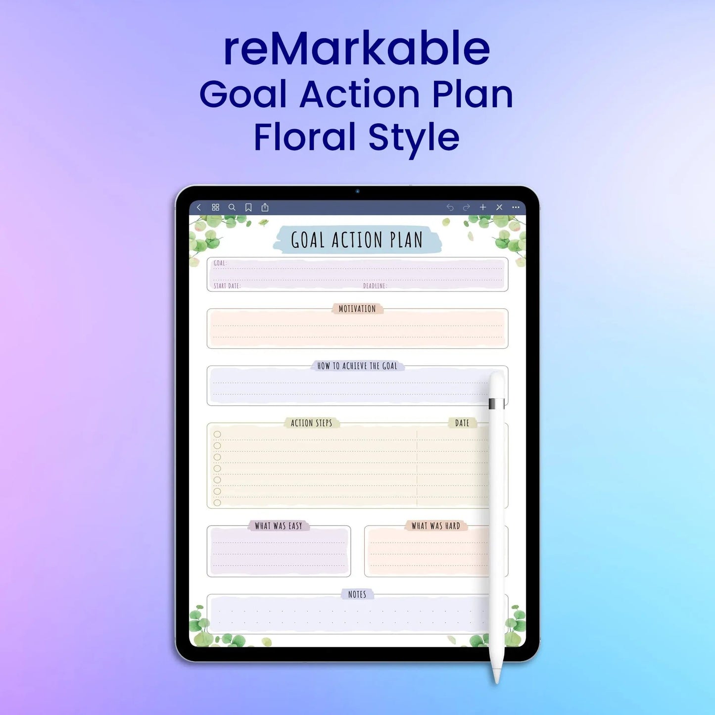 reMarkable 2 Goal Action Plan - Floral Style Planner Template My Store