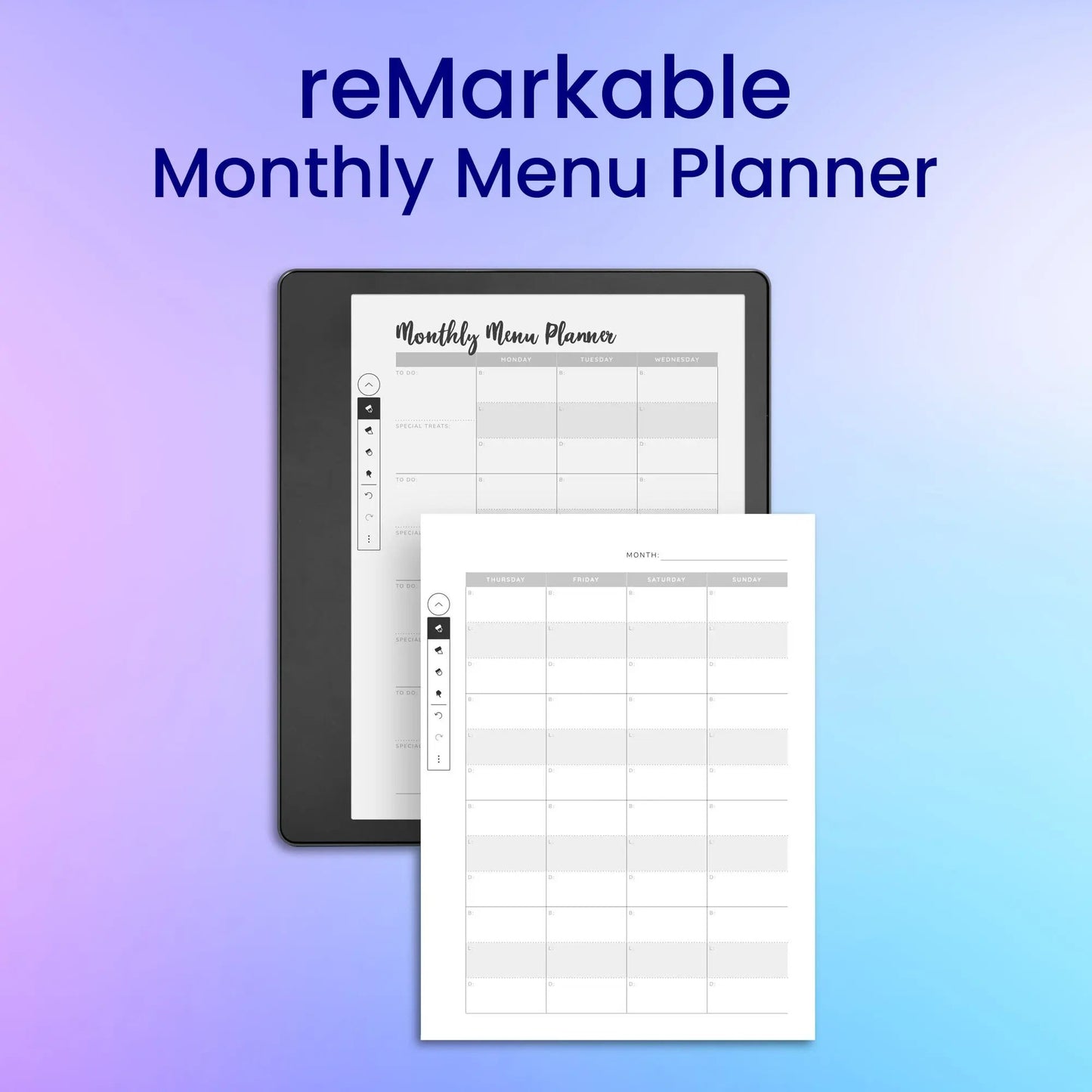 reMarkable 2 Monthly Menu Planner Template My Store