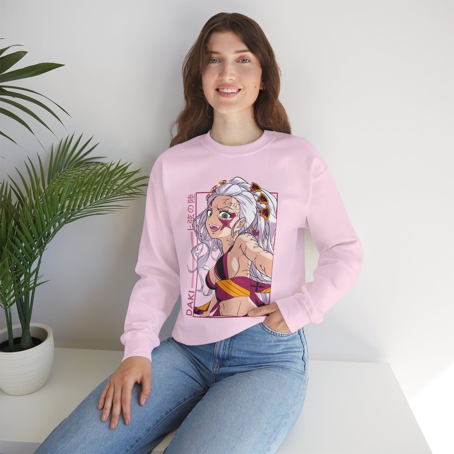 Anime-Inspired Unisex Crewneck Sweatshirt - Demon Slayer Daki Design - CreativeRino