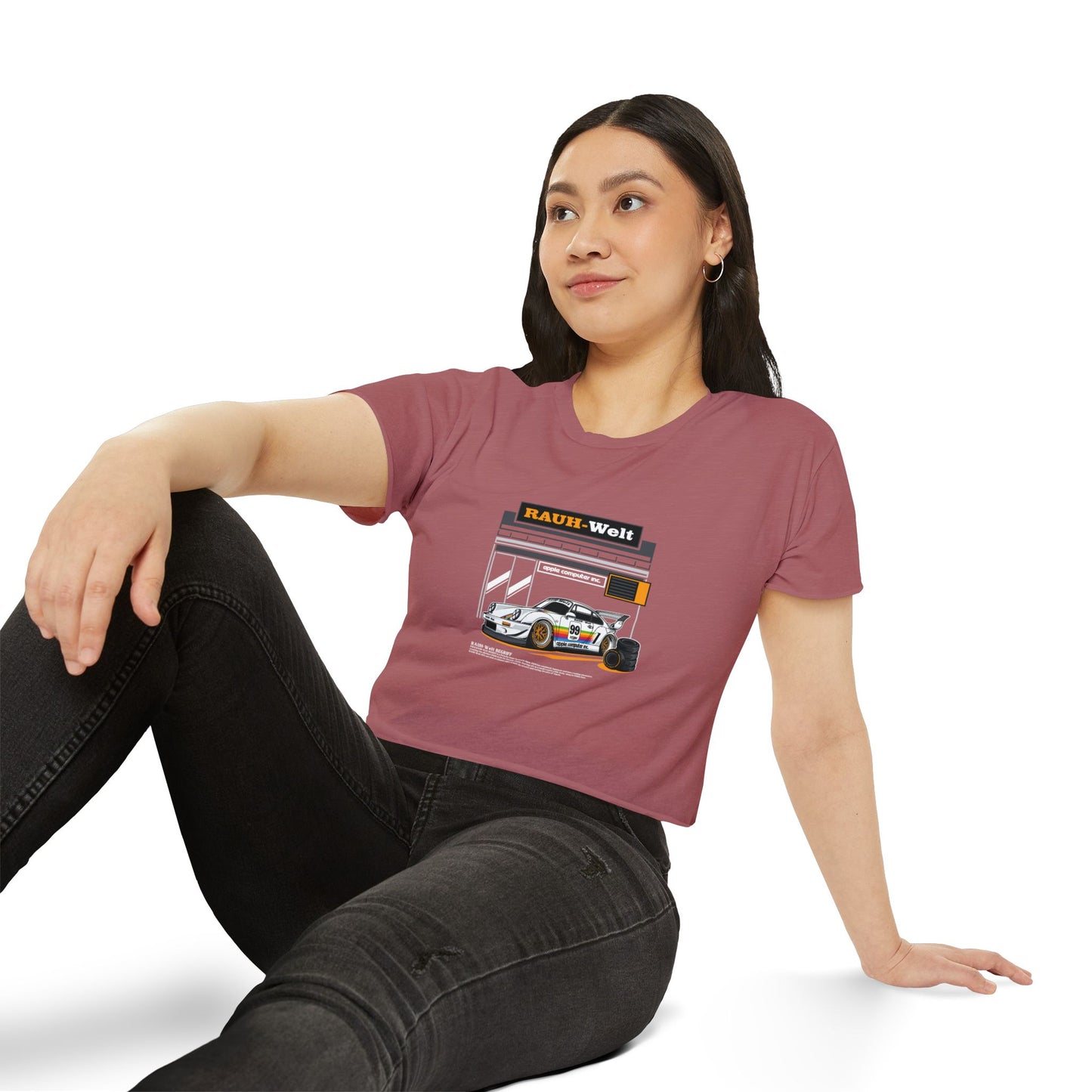 Rauh-Welt Women's Festival Crop Top - Stylish Orange Graphic T-shirt for Car Enthusiasts - CreativeRino