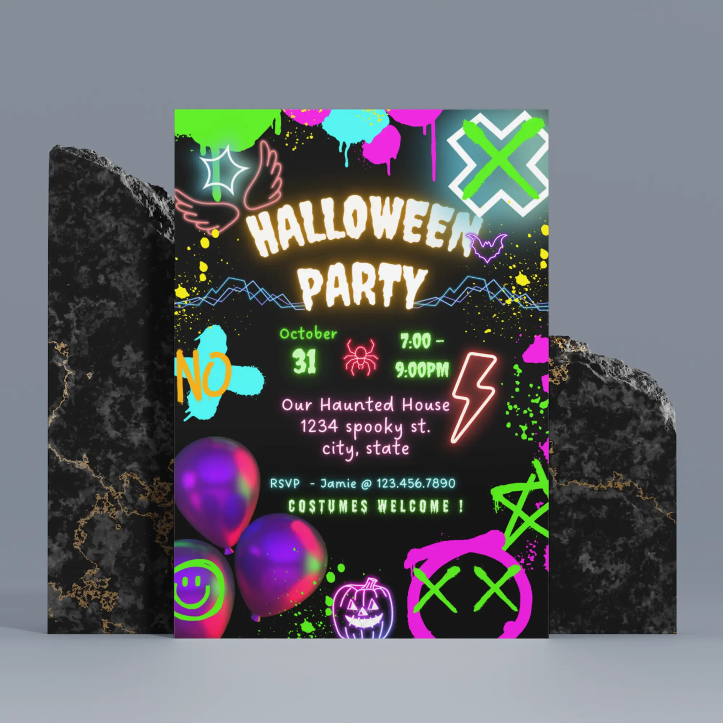 Neon Spooky Halloween Party Invitation Template - CreativeRino