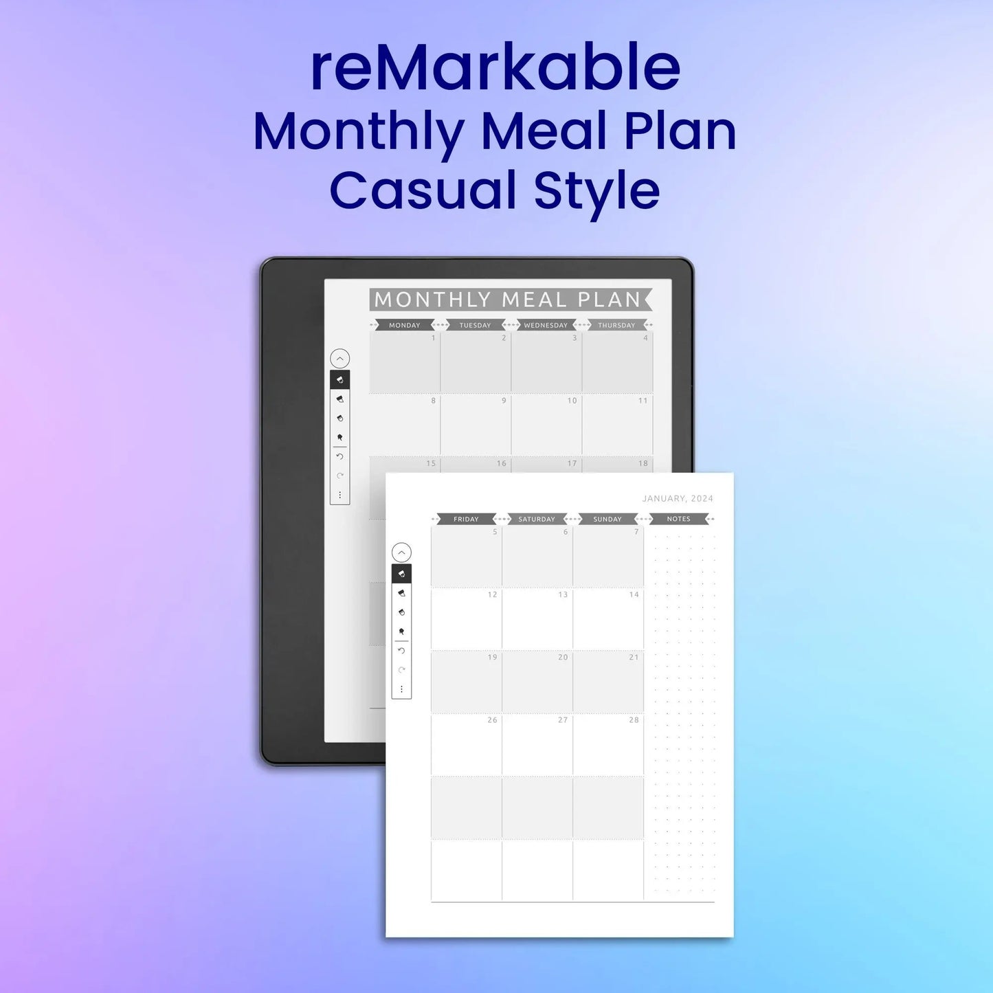 reMarkable 2 Monthly Meal Plan - Casual Style Planner Template My Store