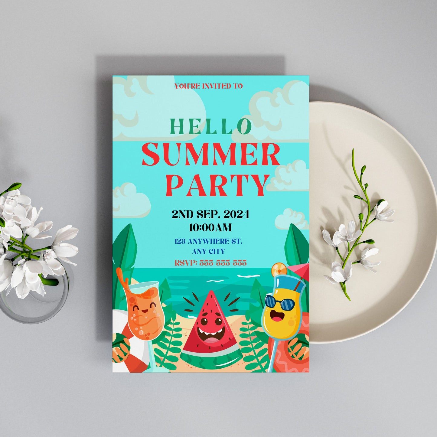 Hello Summer Party Invitation Canva Template | Hello Summer Theme Invite CreativeRino