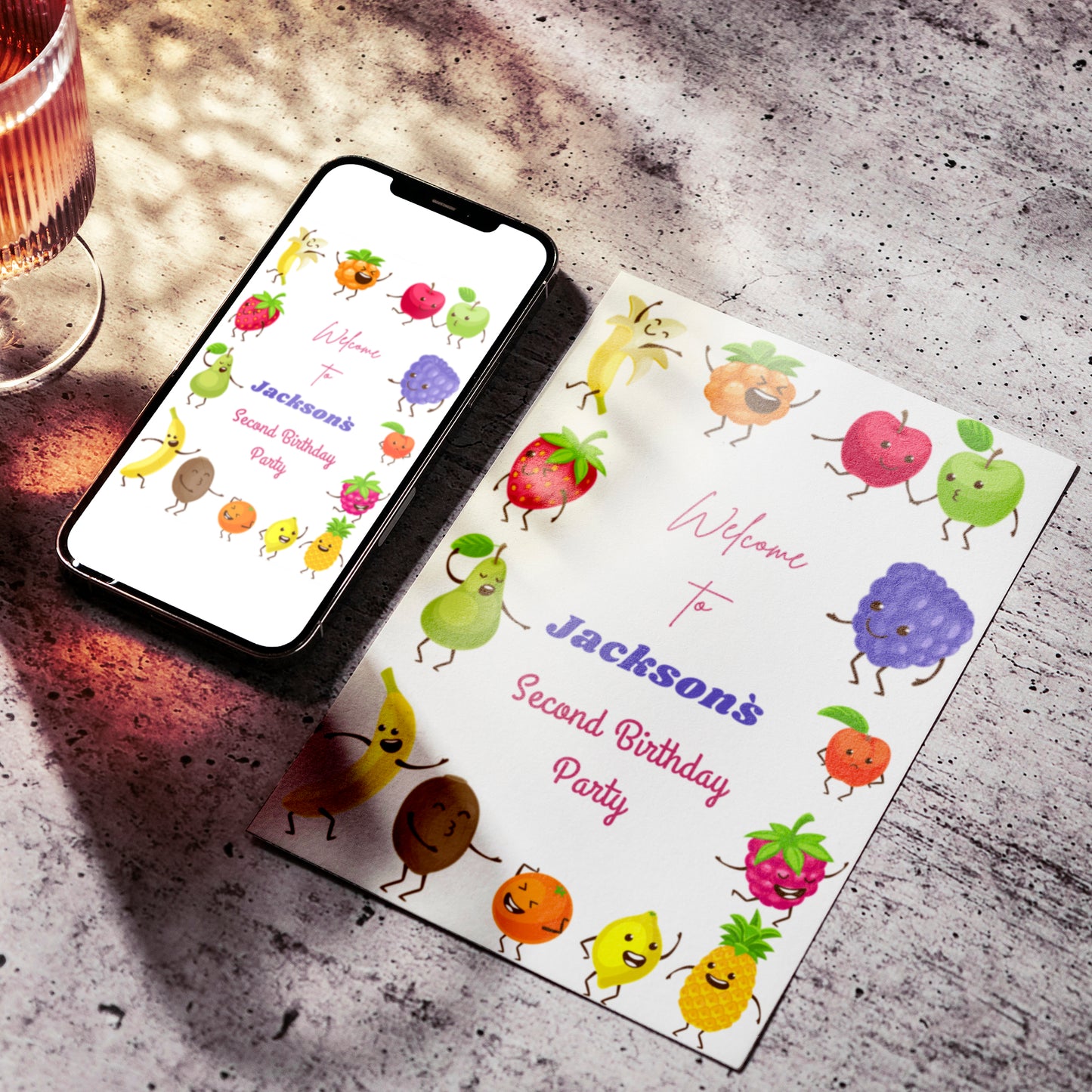 Hey Bear Dancing Fruit Birthday Welcome Sign Template - CreativeRino