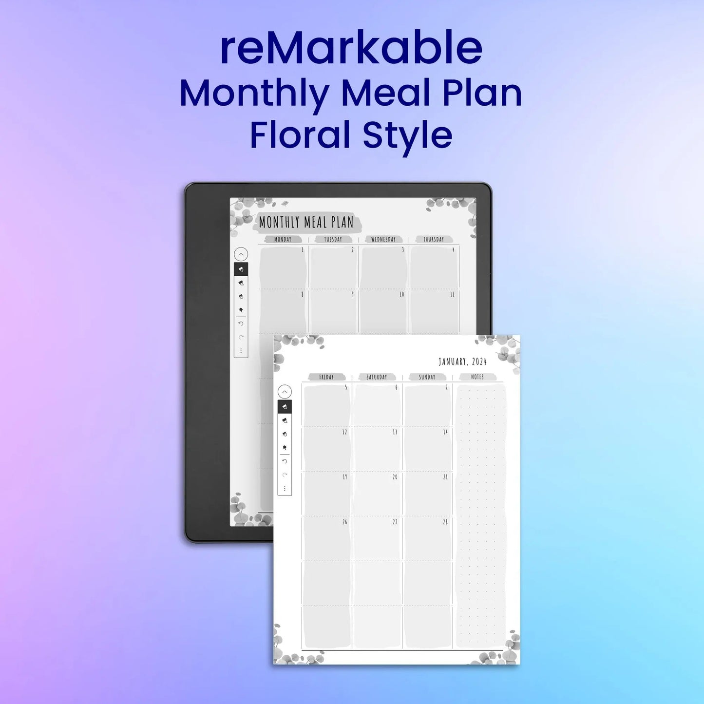 reMarkable 2 Monthly Meal Plan - Floral Style Planner Template My Store