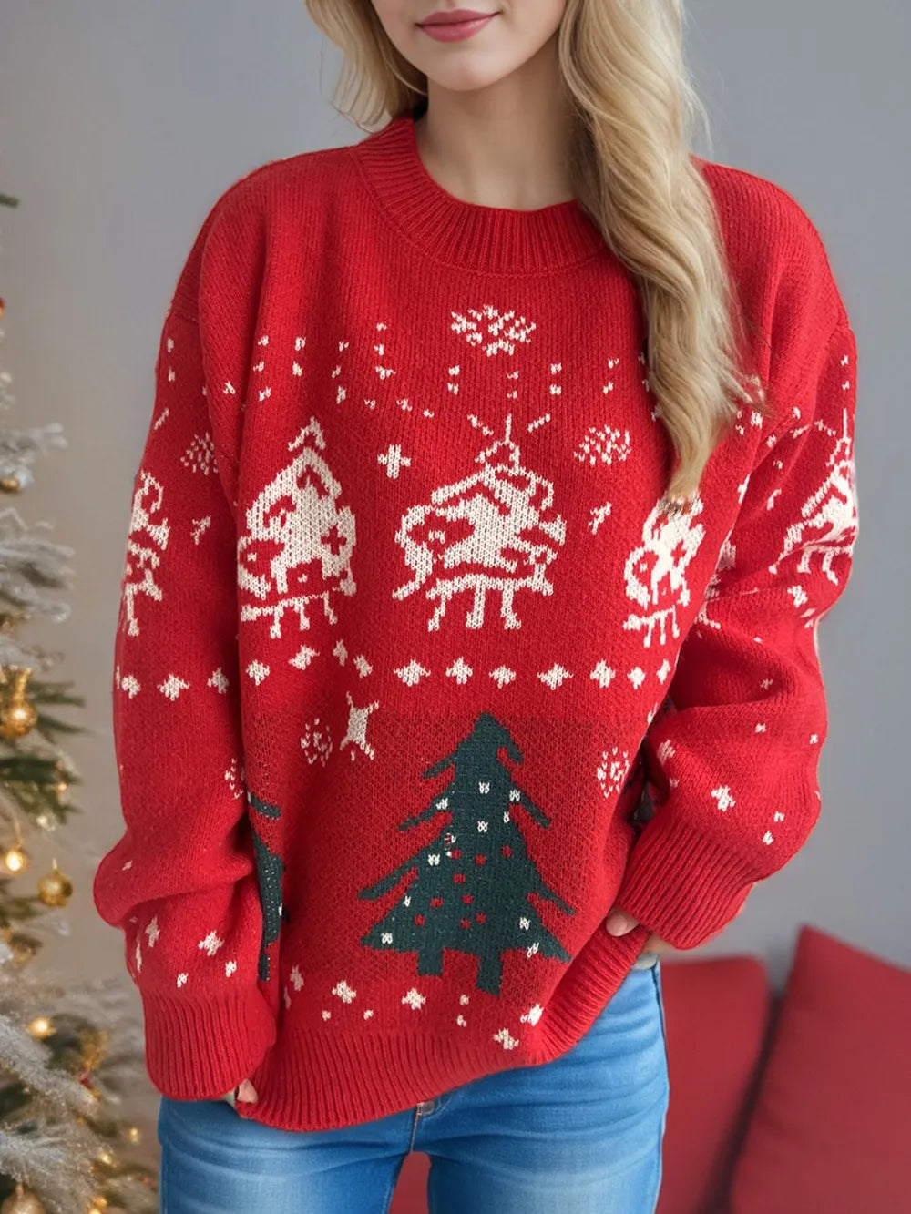 Classic Christmas Tree Knit Sweater | Women's Round Neck Long Sleeve Holiday Pullover eprolo