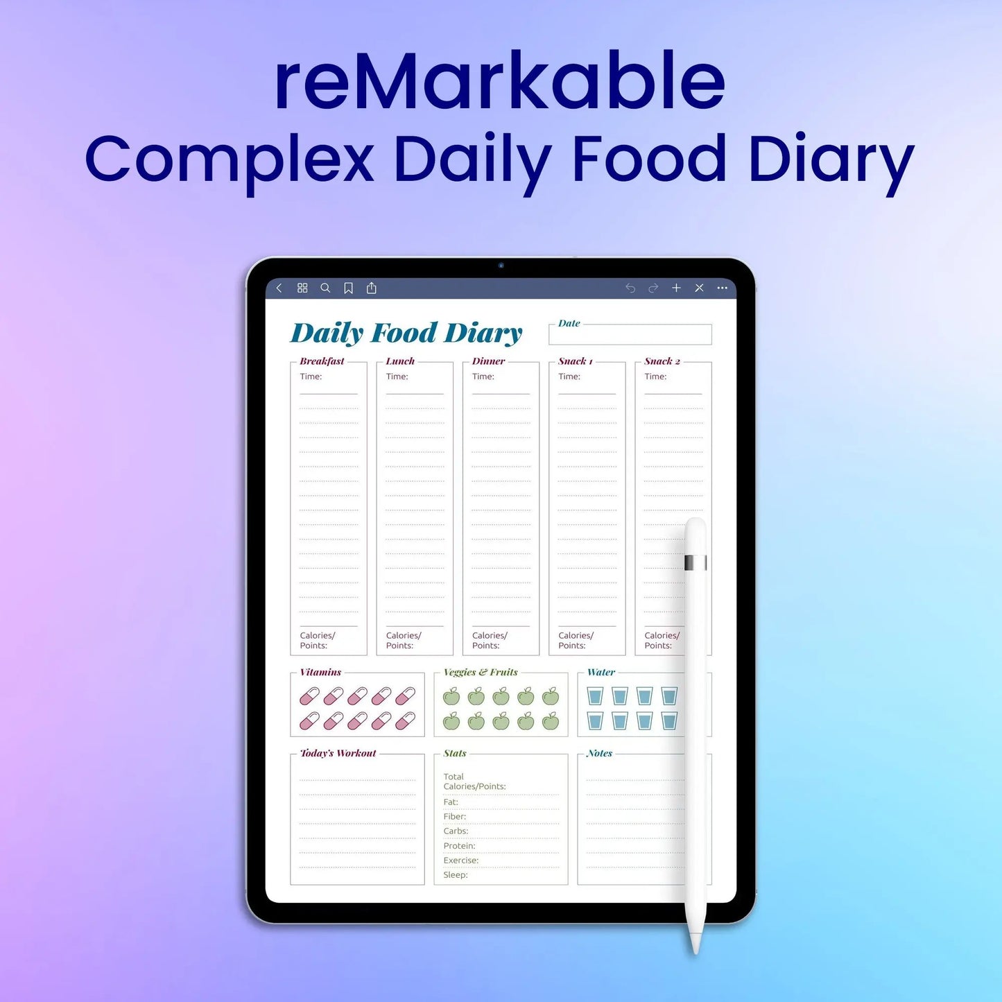 reMarkable 2 Complex Daily Food Diary Planner Template My Store