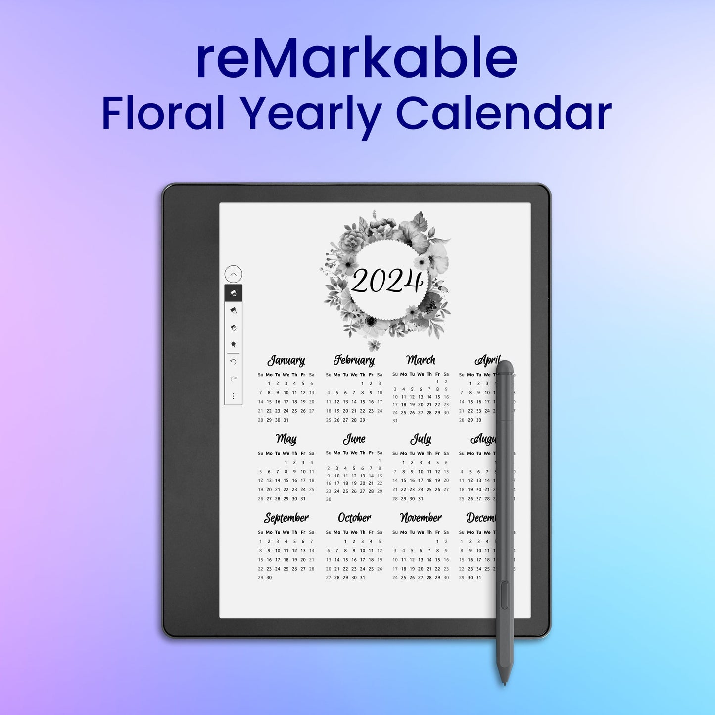 reMarkable 2 Floral yearly calendar - Floral Style Planner Template My Store