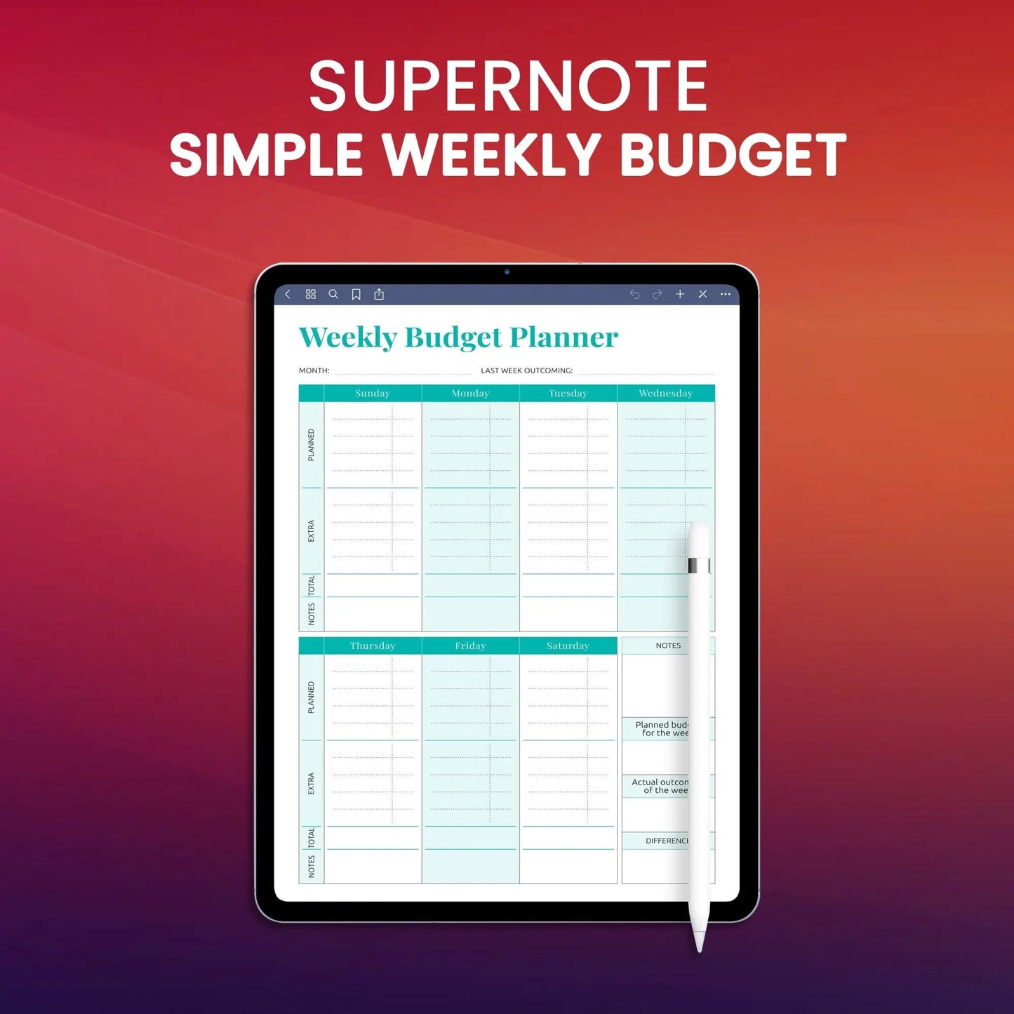 Supernote Simple Weekly Budget Template Planner Template CreativeRino