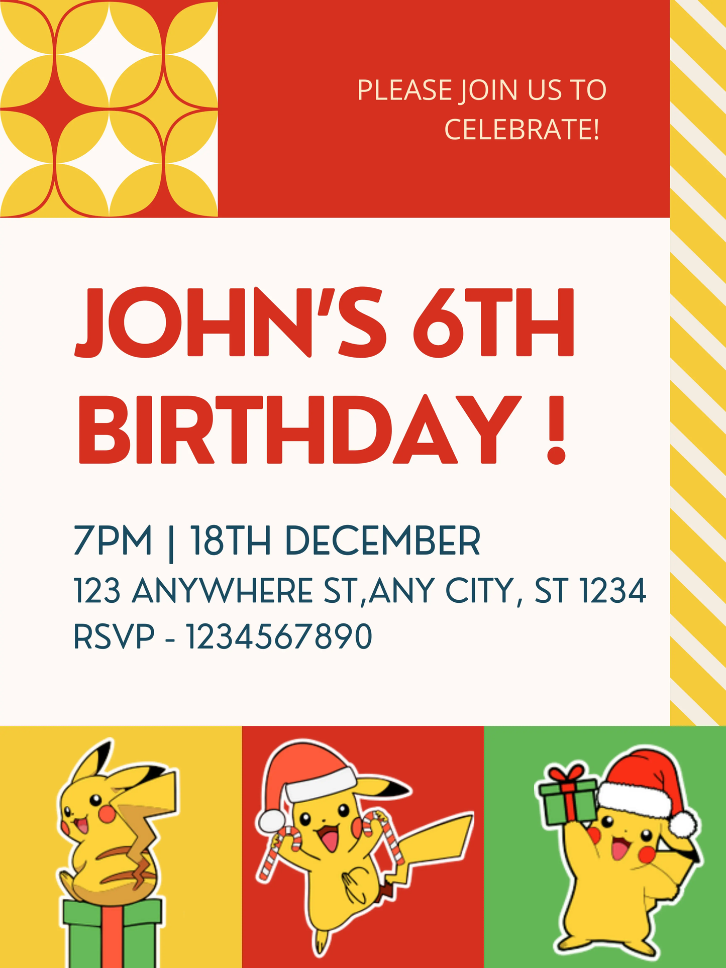 Pikachu Pokemon Christmas Birthday Invitation Template - CreativeRino