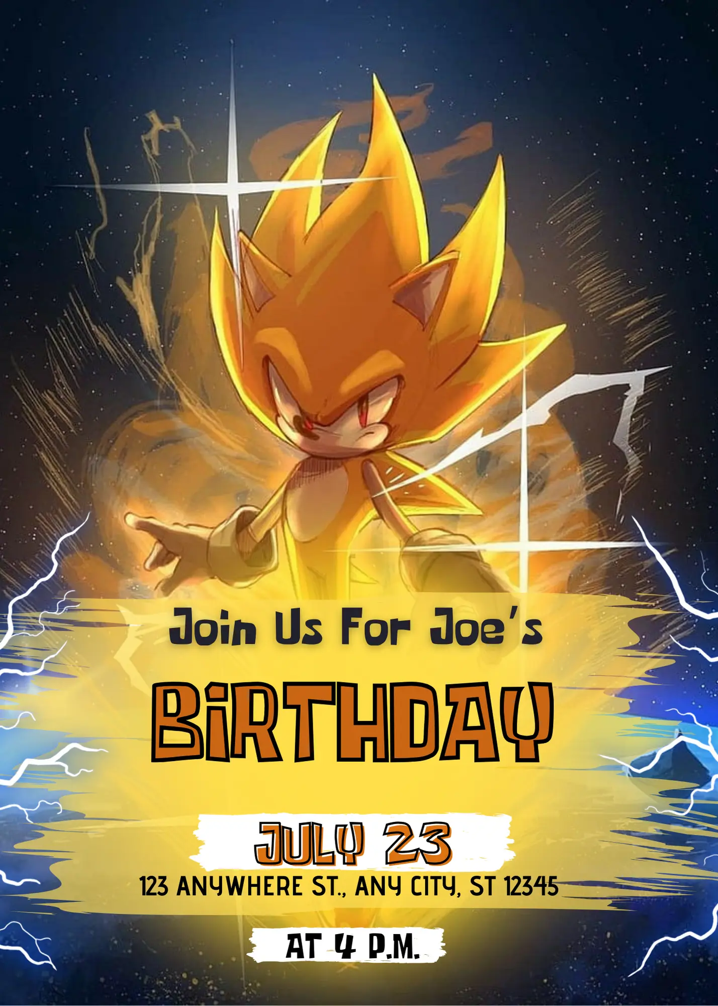 Super Sonic The Hedgehog Birthday Invitation Template - CreativeRino