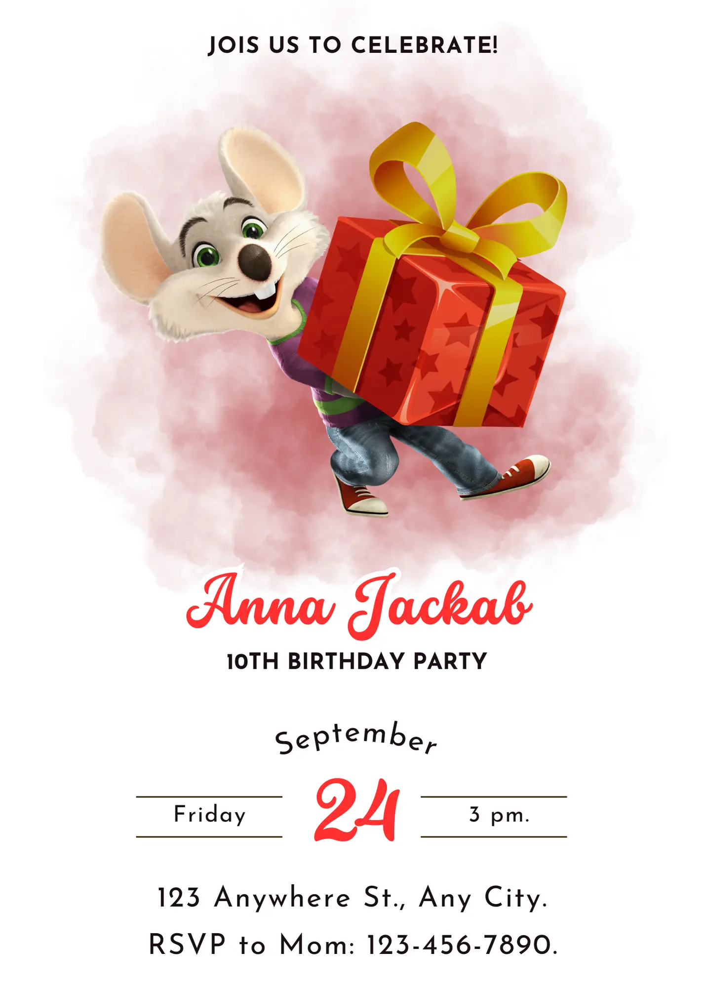Chuck E Cheese Mouse Birthday Invitation Template - CreativeRino