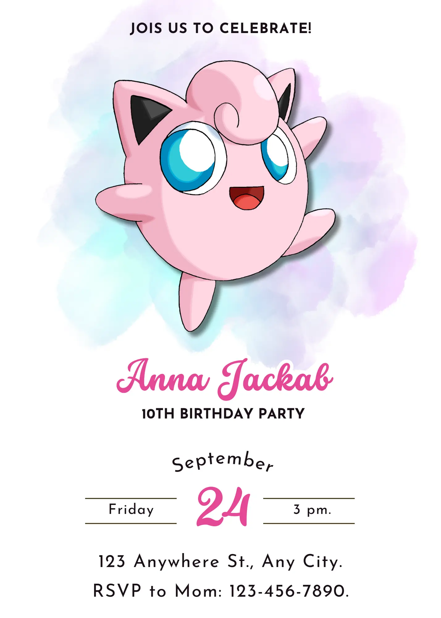 Jigglypuff Pokemon Birthday Invitation Template - CreativeRino
