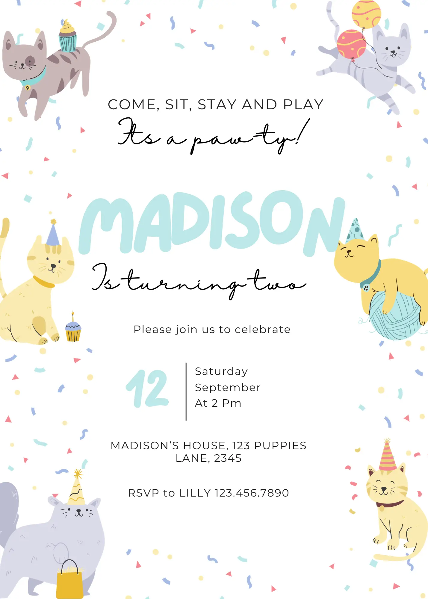 Kitty Cat Birthday Invitation Template - CreativeRino