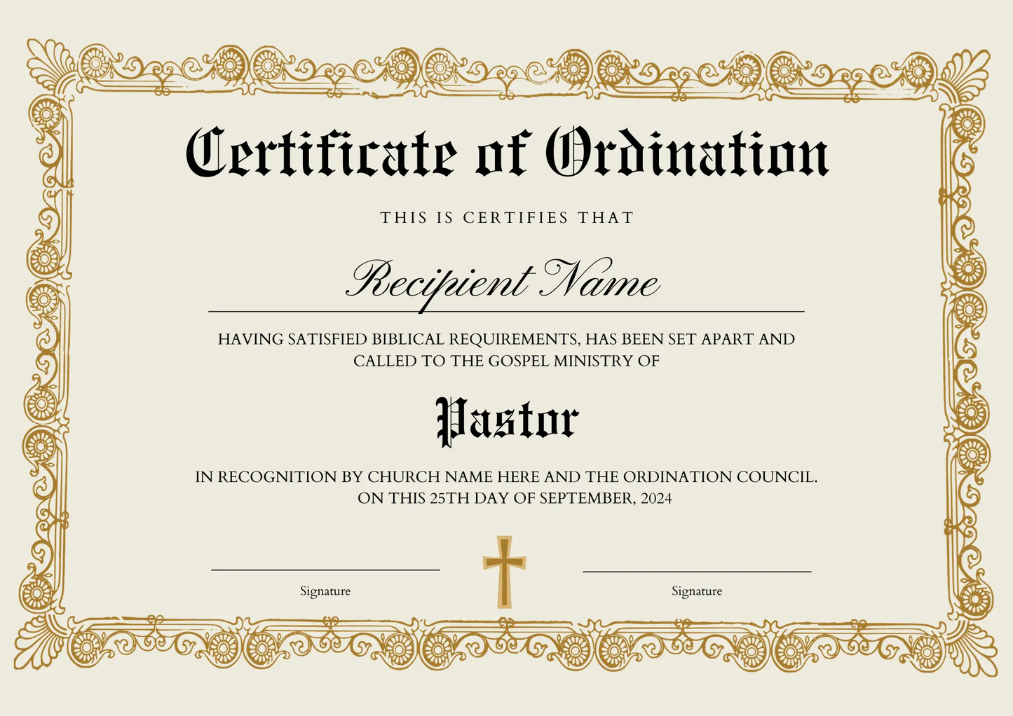 Certificate of Ordination Template | Pastor Ordination Certificate - CreativeRino
