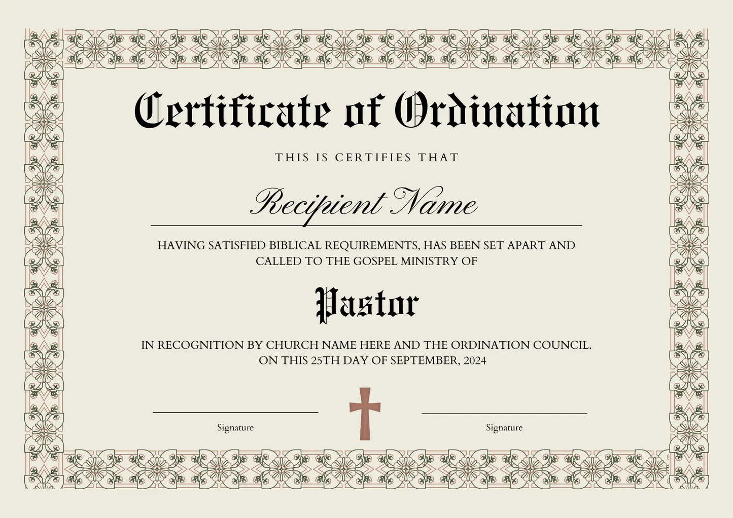 Certificate of Ordination Template | Pastor Ordination Certificate - CreativeRino