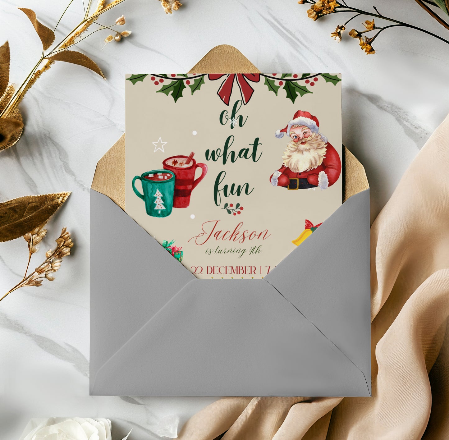 Oh What Fun Christmas Birthday Invitation Template | Christmas Birthday Party Invite - CreativeRino