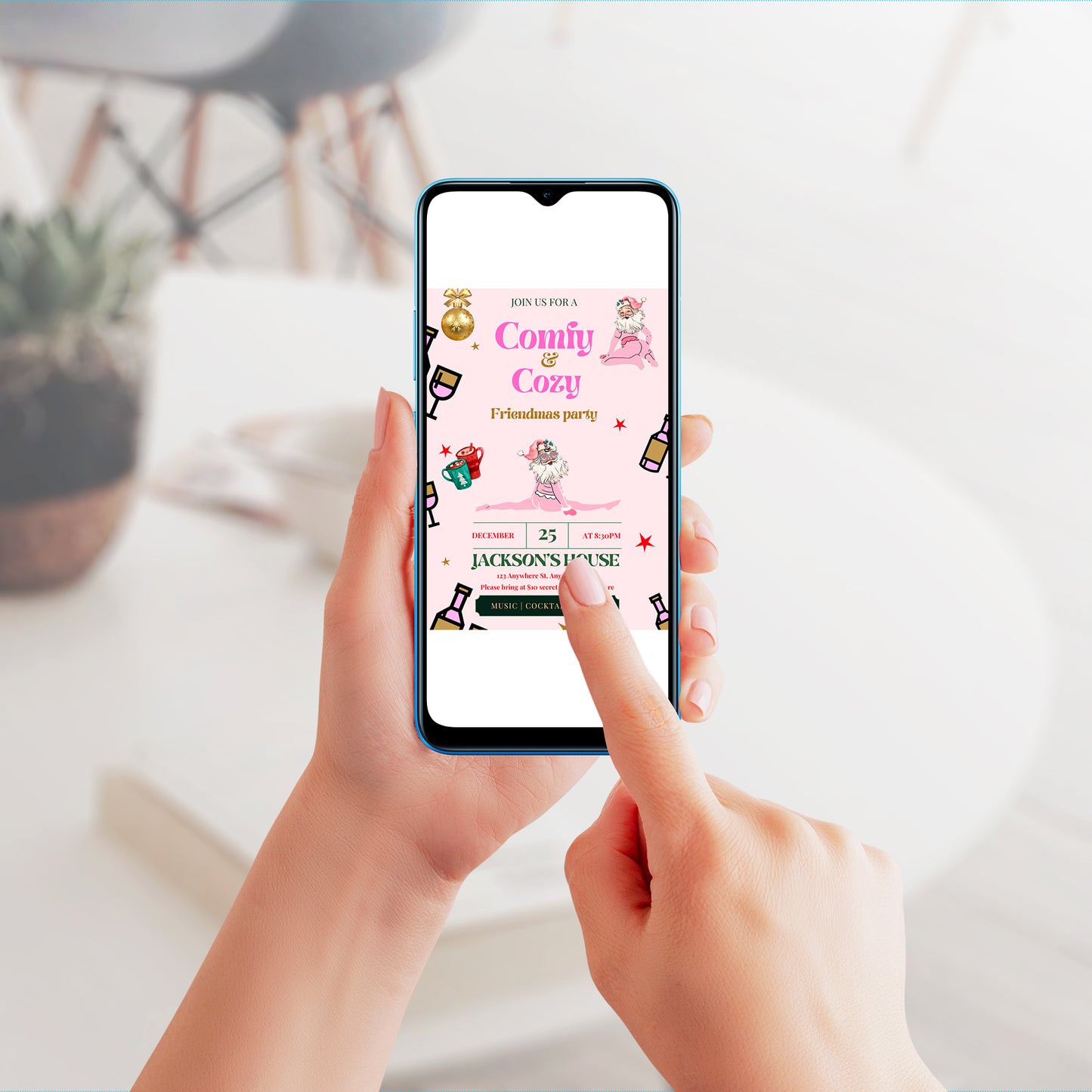 Comfy and Cozy Christmas Party Invitation Template | Friendsmas Funny Santa Invitation - CreativeRino