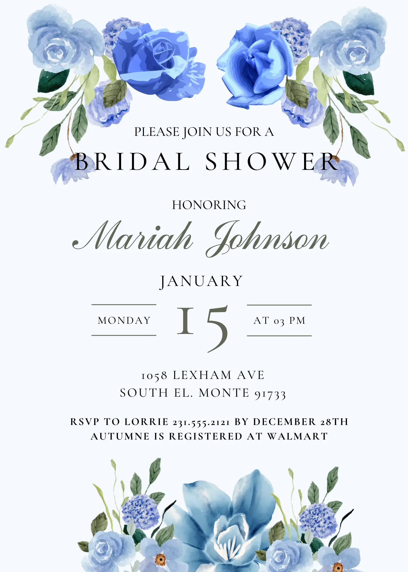 Blue Floral Bridal Shower Invitation Template - CreativeRino