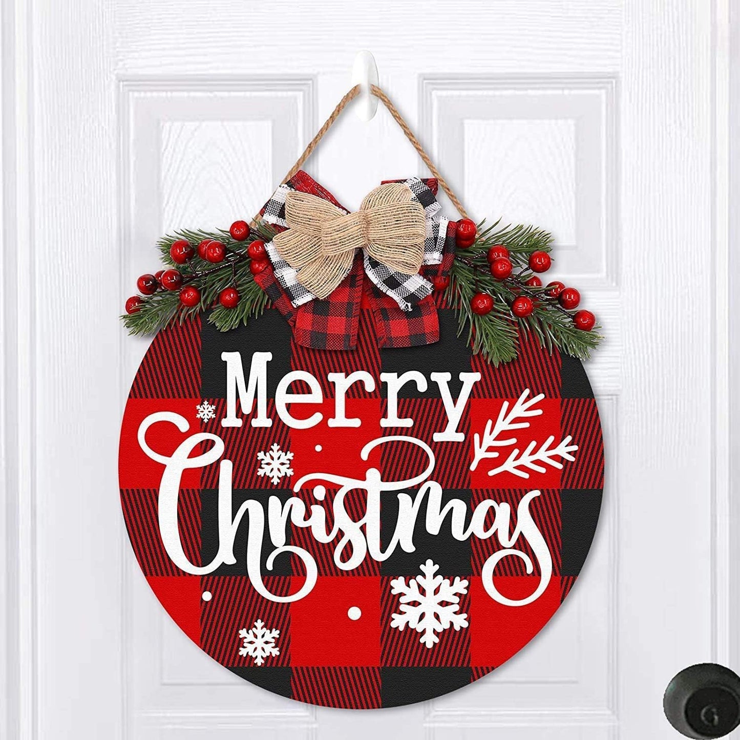 Rustic Wooden Christmas Wreath & Welcome Doorplate | Festive Floral Door Ring Decoration eprolo