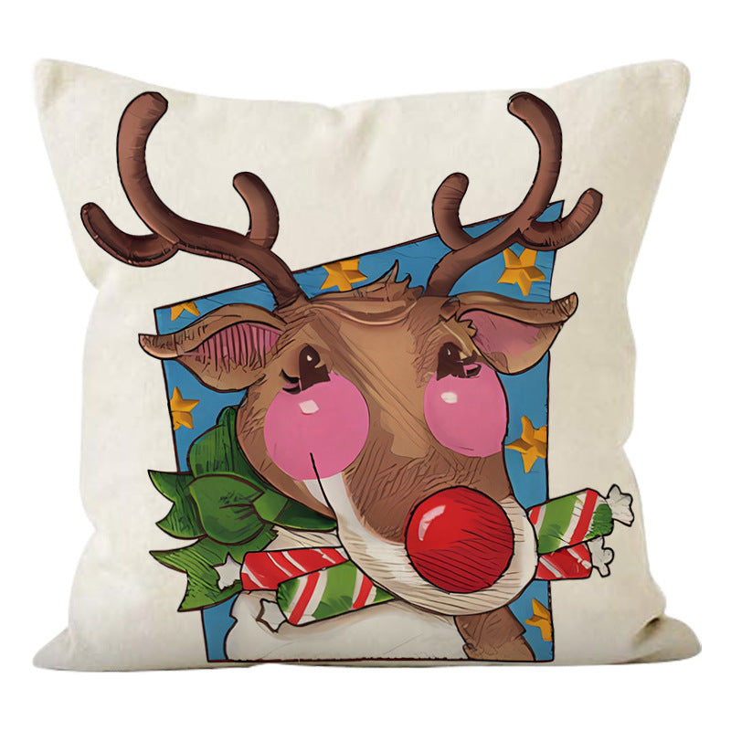 Festive Reindeer Print Linen Pillow Cover | Christmas Holiday Sofa Decoration eprolo