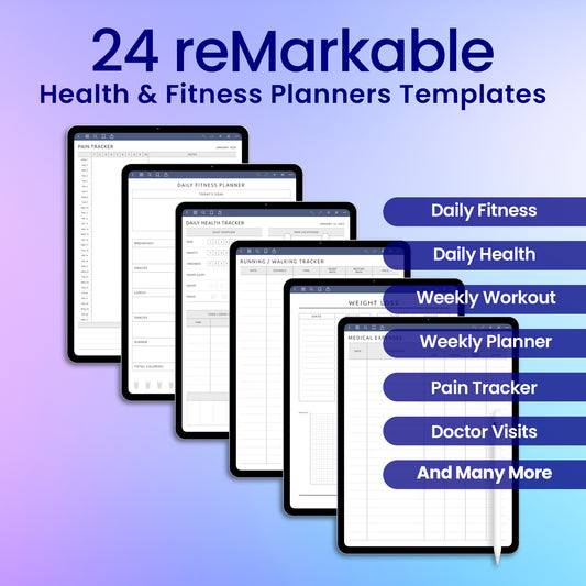 24 reMarkable 2 Health & Fitness Planners Template Bundle