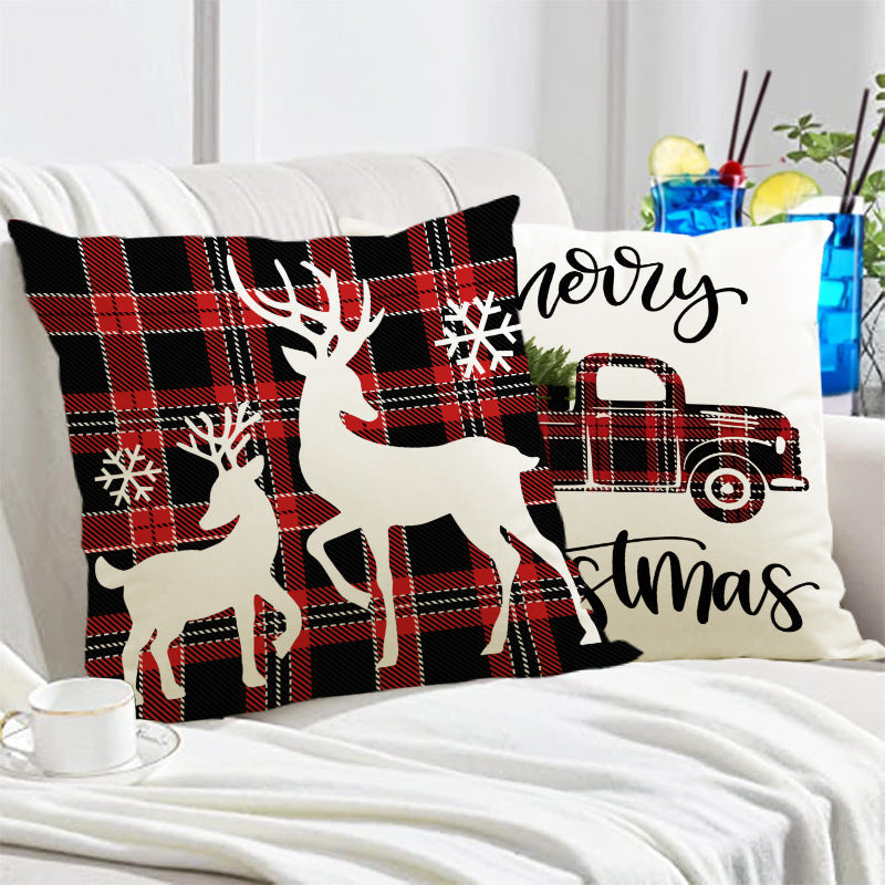 Christmas Reindeer & Snowflake Grid Pillow Cover | Printed Linen Cushion Case for Holiday Sofa Decor eprolo