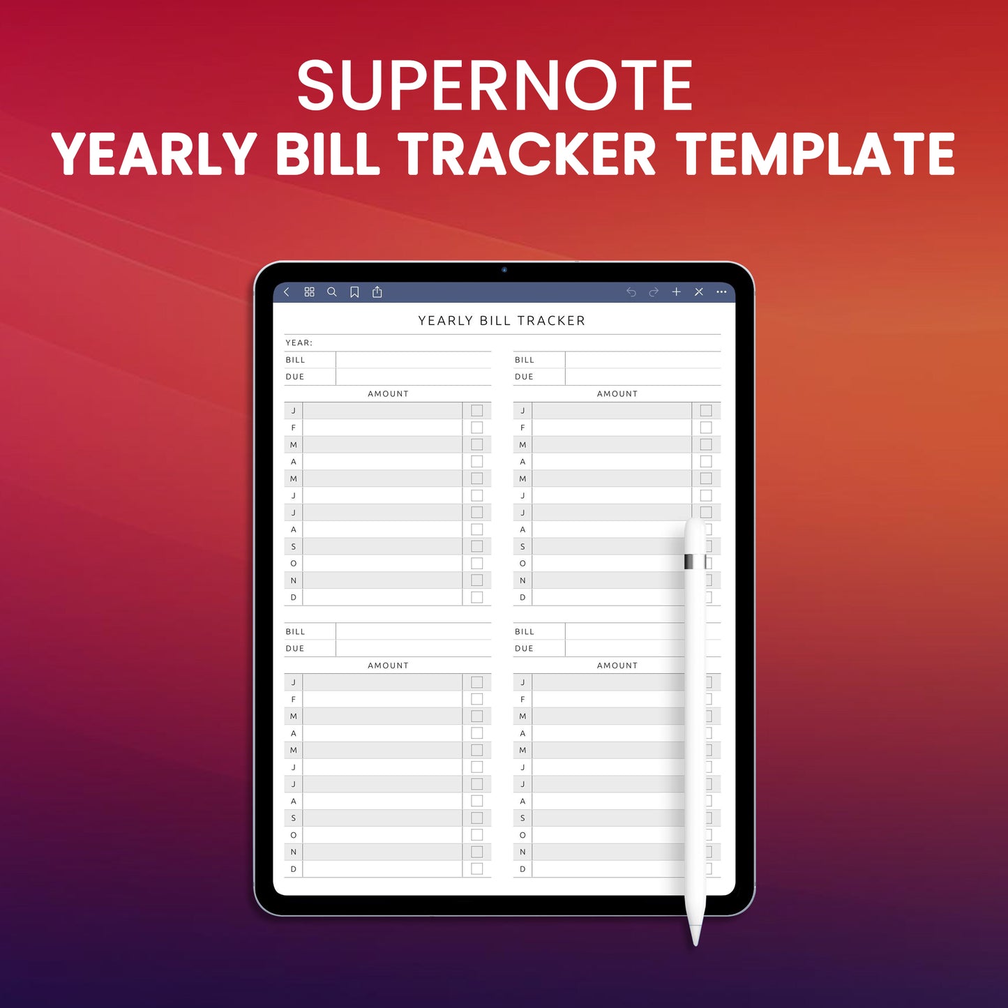 Supernote Yearly Bill Tracker Template Planner Template