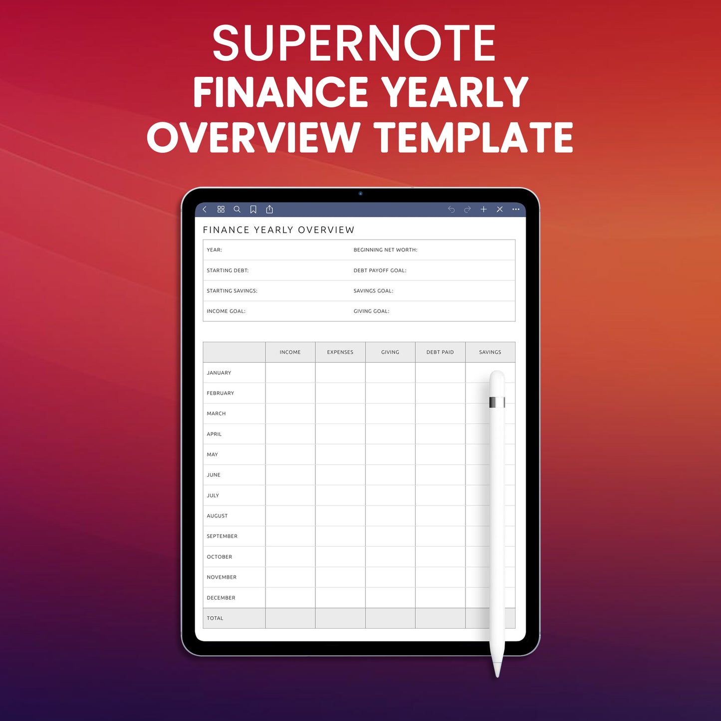 Supernote Finance Yearly Overview Template Planner Template