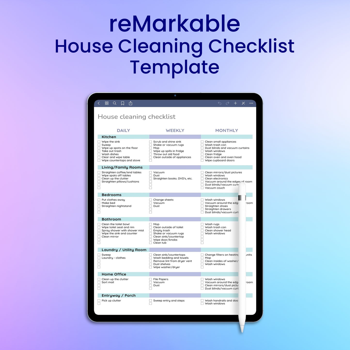 reMarkable 2 House Cleaning Checklist Template Planner Template