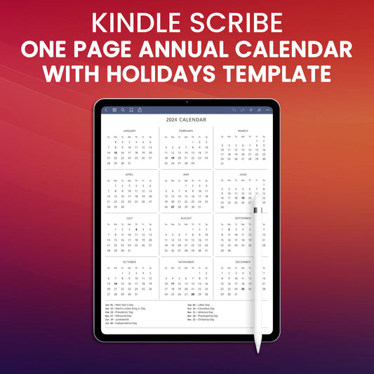 Supernote One Page Annual Calendar with Holidays Template Planner Template