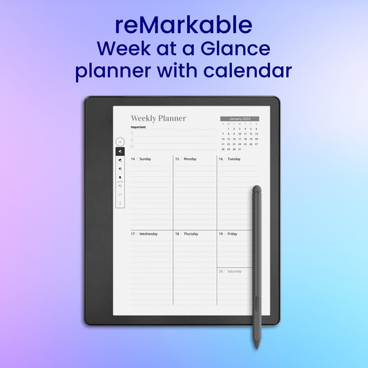 reMarkable 2 Week at a Glance planner with calendar Planner Template