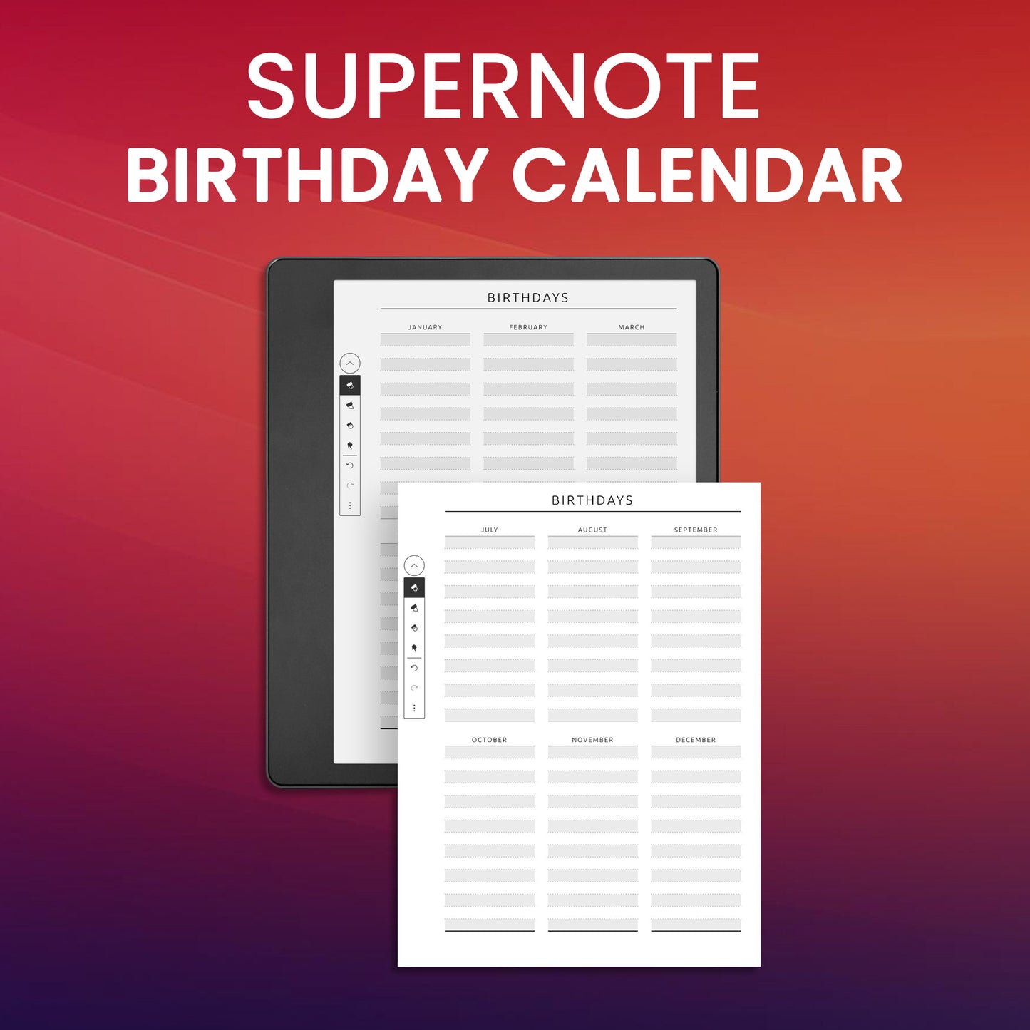 Supernote Birthday Calendar Planner Template