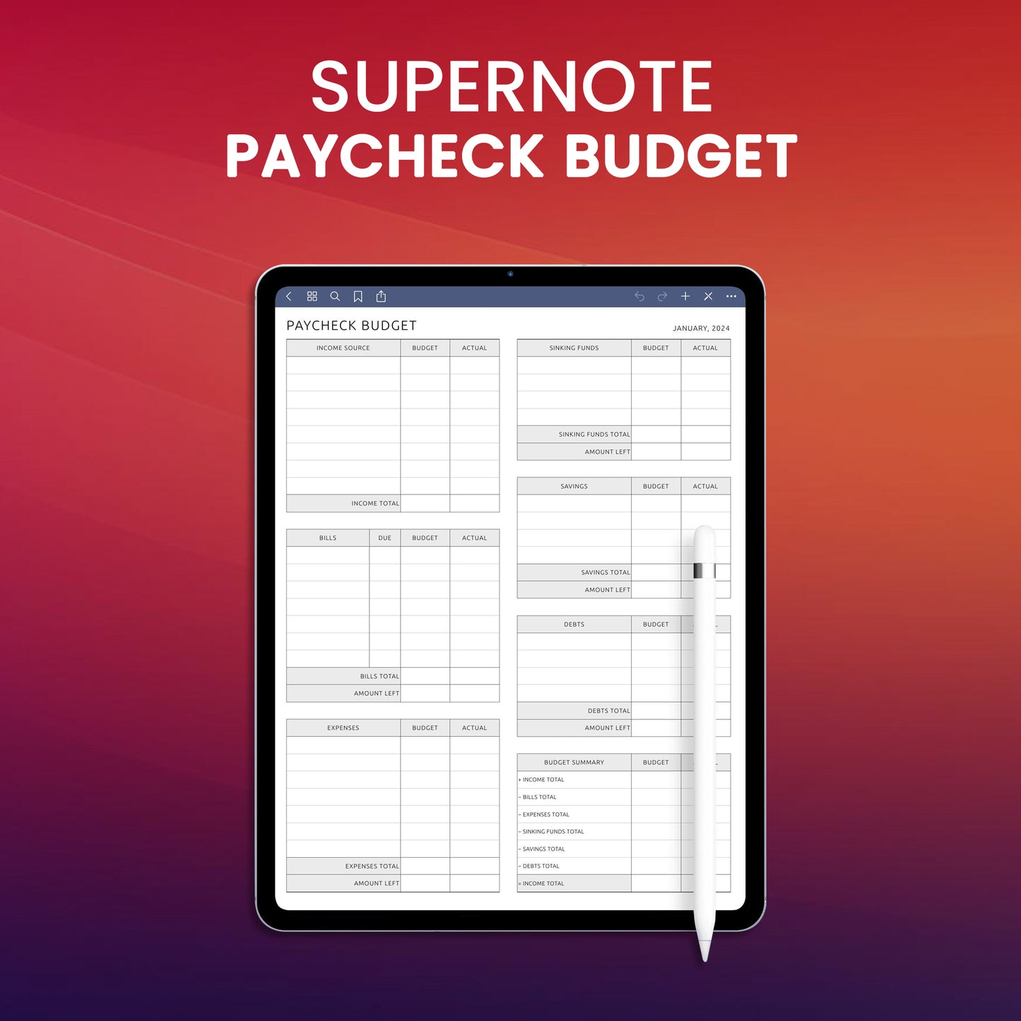 Supernote Paycheck Budget Planner Template