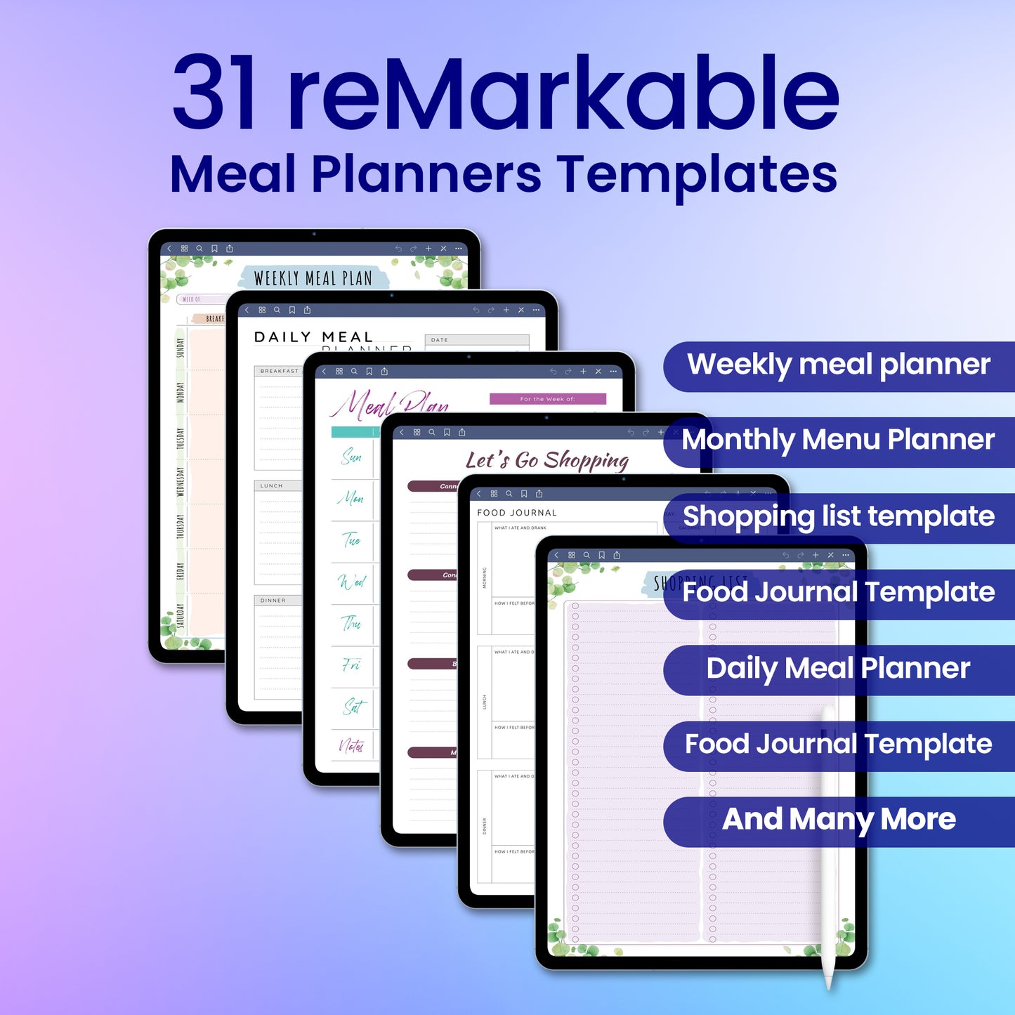 31 reMarkable 2 Meal Planners Template Bundle