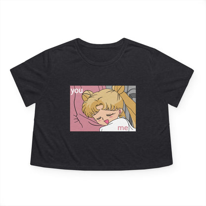 Cute Women's Flowy Cropped Tee - 'You & Me' Graphic, Sailor Moon Perfect T-shirt for Cozy Days and Casual Outings - CreativeRino