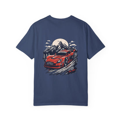 Adventure Awaits Unisex Garment-Dyed T-shirt - Red Sports Car Design - CreativeRino
