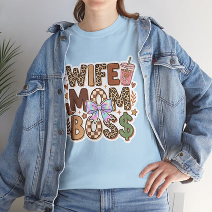 Wife Mom Boss Leopard Graphic Tee – Cute Mom Life Shirt with Bow & Coffee Printify