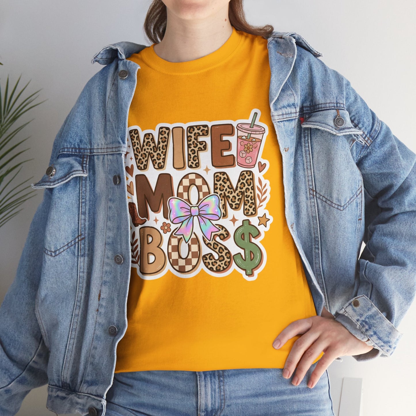 Wife Mom Boss Leopard Graphic Tee – Cute Mom Life Shirt with Bow & Coffee Printify