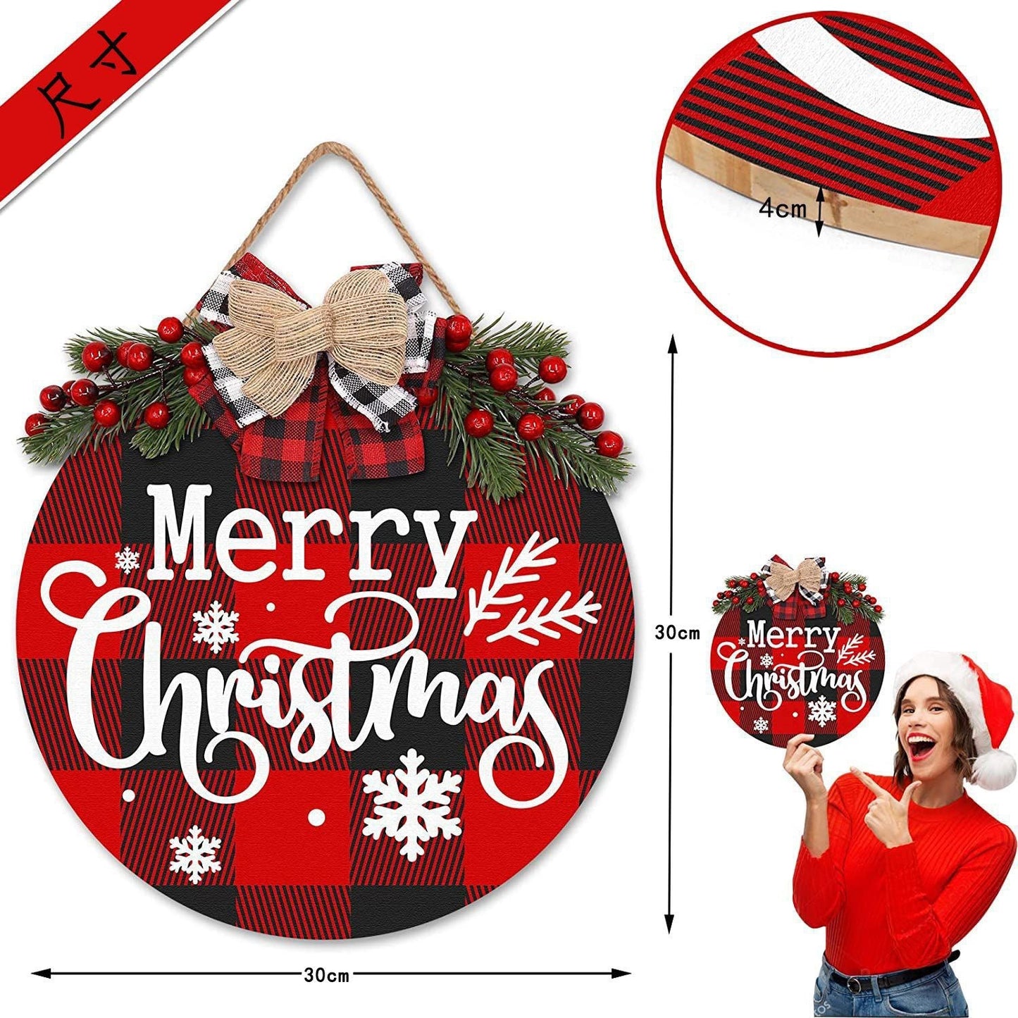 Rustic Wooden Christmas Wreath & Welcome Doorplate | Festive Floral Door Ring Decoration eprolo