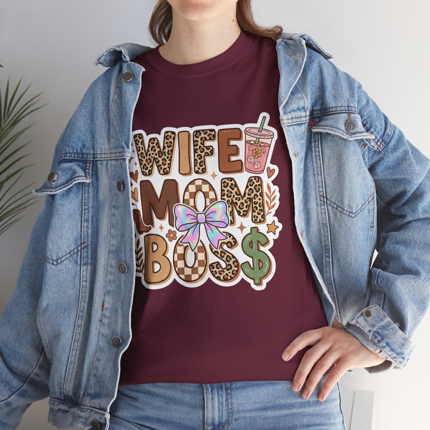 Wife Mom Boss Leopard Graphic Tee – Cute Mom Life Shirt with Bow & Coffee Printify
