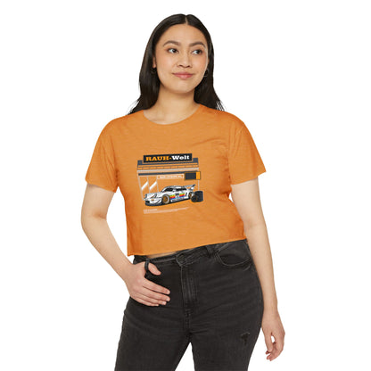 Rauh-Welt Women's Festival Crop Top - Stylish Orange Graphic T-shirt for Car Enthusiasts - CreativeRino