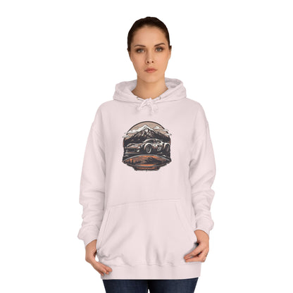 Adventure Awaits: Unisex College Hoodie with Vintage Car Design - CreativeRino