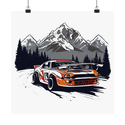 Racing Car Satin Poster - Mountain Adventure Art Print - CreativeRino