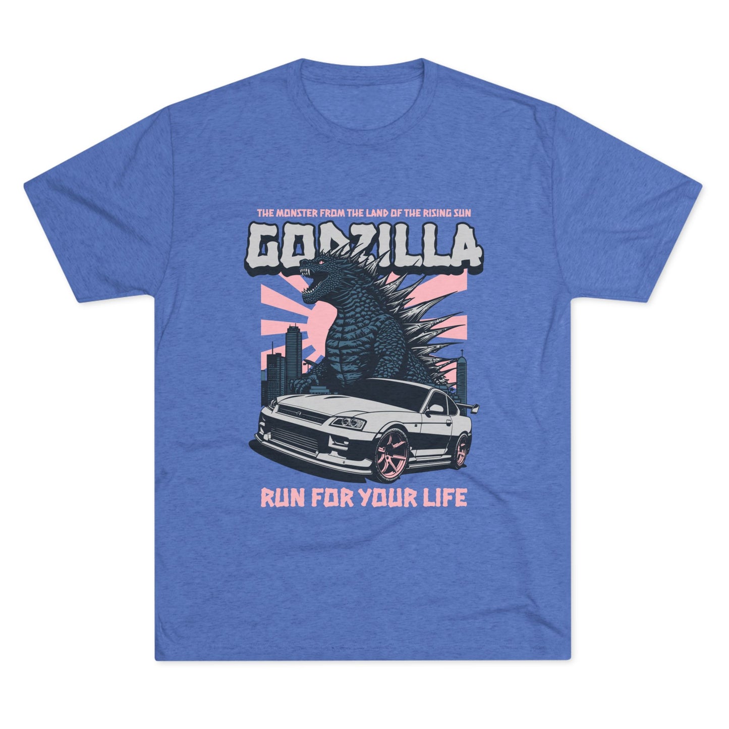 Godzilla Monster Unisex Tri-Blend Crew Tee - Run for Your Life Car T-shirt - CreativeRino